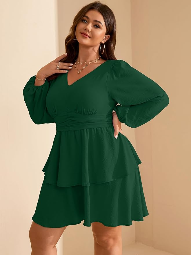 RWJ Plus Size Dresses for Curvy Women V Neck Long Sleeve Elastic Waist Fall Wedding Guest Layer Casual Mini Dress