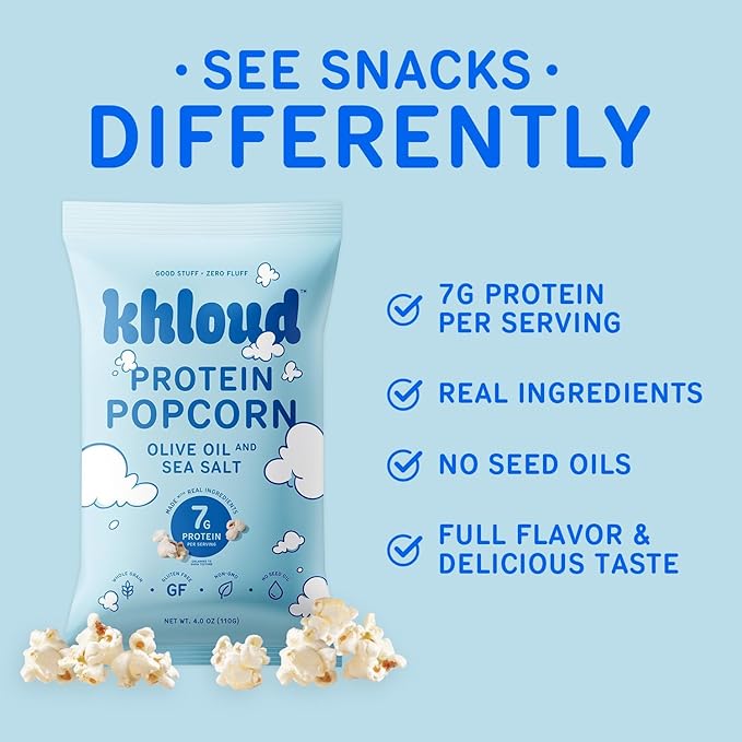 Khloud Protein Popcorn - Olive Oil & Sea Salt - 7g Protein Snacks for Adults & Kids - Flavored Popcorn Made with Real Ingredients & Milk Protein Isolate - Non-GMO, Gluten-Free, Kosher - 4oz, 4pk