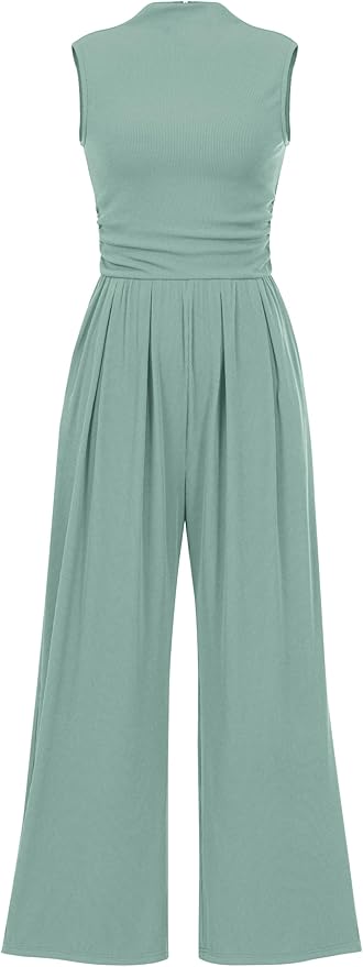 PRETTYGARDEN Womens Summer Jumpsuits Dressy Casual One Piece Outfits Sleeveless Mock Neck Wide Leg Pants Rompers with Pockets