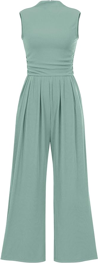 PRETTYGARDEN Womens Summer Jumpsuits Dressy Casual One Piece Outfits Sleeveless Mock Neck Wide Leg Pants Rompers with Pockets