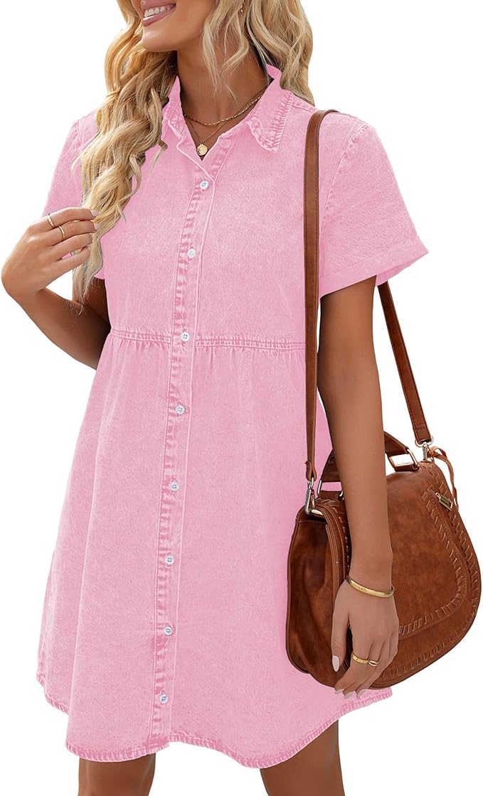 LookbookStore Women's Short Sleeve Button Down Flowy Tiered Babydoll Denim Dress