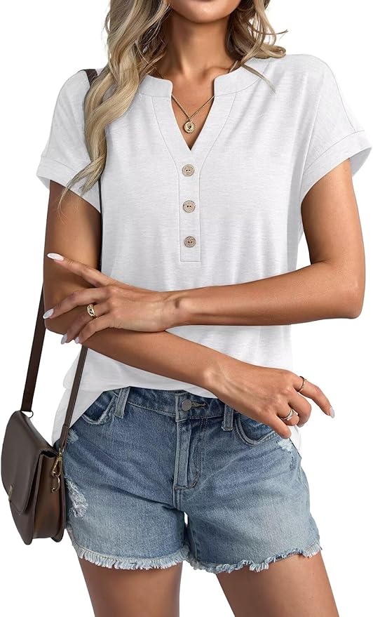 Womens V Neck Cap Sleeve Tops Summer Casual Short Sleeve Shirts Loose Fit Basic Work Tee Trendy Clothes 2025