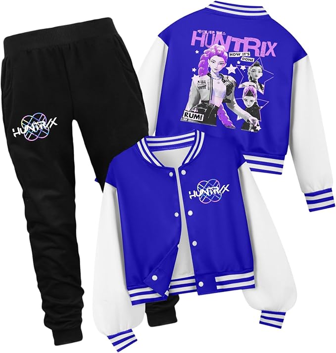 K PopGirls Kpop Tracksuit Cute Cartoon Print Baseball Coats Fashion Long Sleeve Jackets and Pants Christmas Costume Set