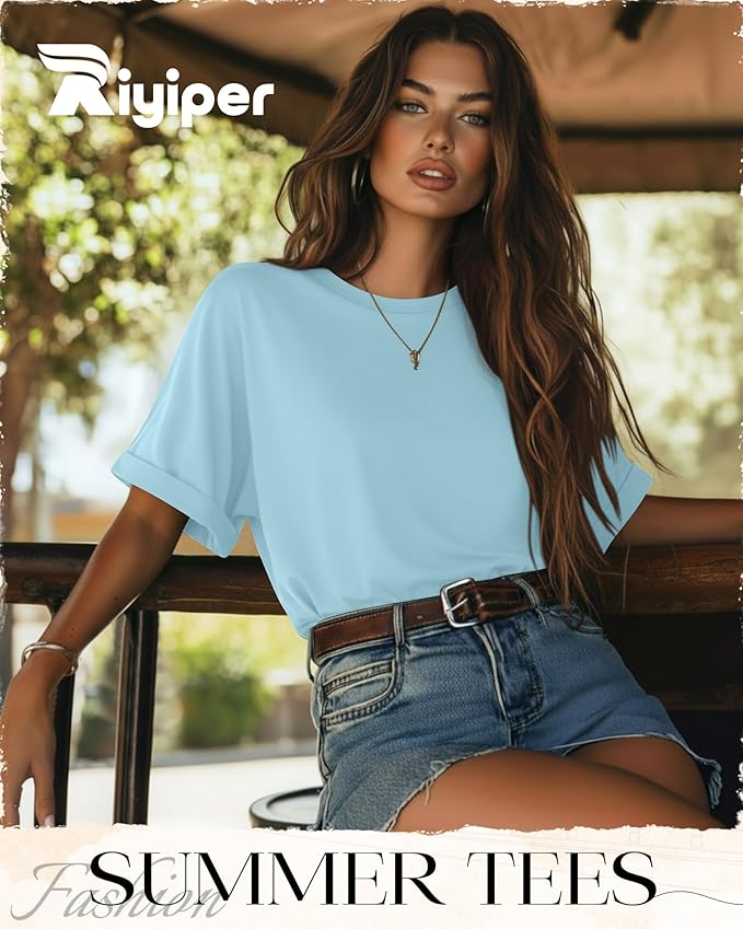 Riyiper 3 Pack Women's Oversized T-Shirt Half Sleeve Summer Tees Casual Loose Fit Crew Neck Basic Tops
