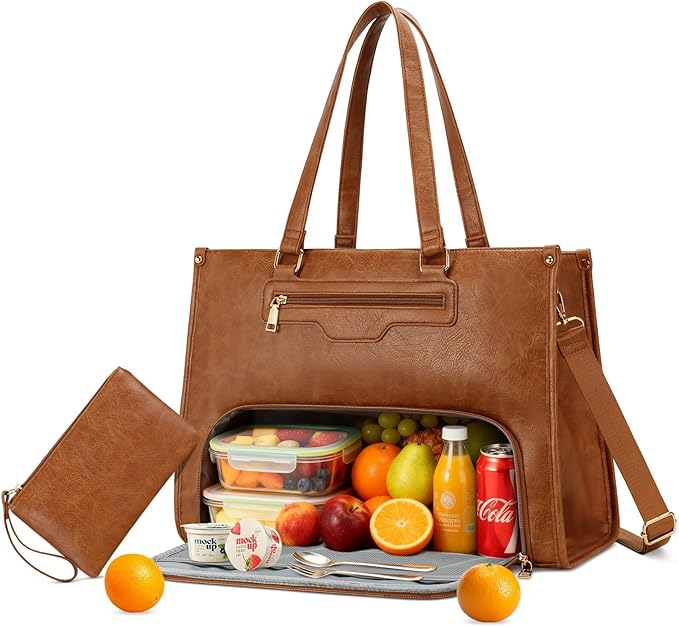 KKXIU Lunch Tote Bag for Women - 15.6" Ladies Work Tote, Laptop Purse with Insulated Lunch Compartment, Quilted Computer Handbag with Large Capacity for Work, Office, Nurse, Teacher (Brown)
