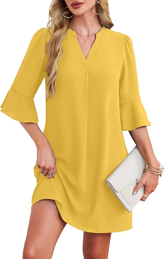 RUMIA Shift Dress for Women V Neck Ruffle Short Sleeve Loose Casual Summer Dress