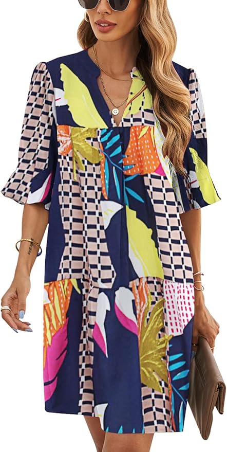 QACOHU Summer Dresses for Women V Neck Ruffle Short Sleeve Casual Shift Dress