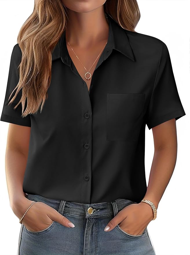 Zeagoo Womens Button Down Shirt Bust Pocket Short Sleeve Blouses Business Casual Work Tops Summer Outfits