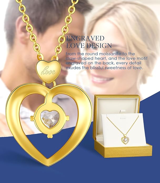 Beam & Bask Moissanite Heart Pendant Necklaces for Women, Engraved with LOVE, Sterling Silver Plated with 18K Gold, Anniversary and Birthday Jewelry for Wife, Girlfriend, Mom, or Her