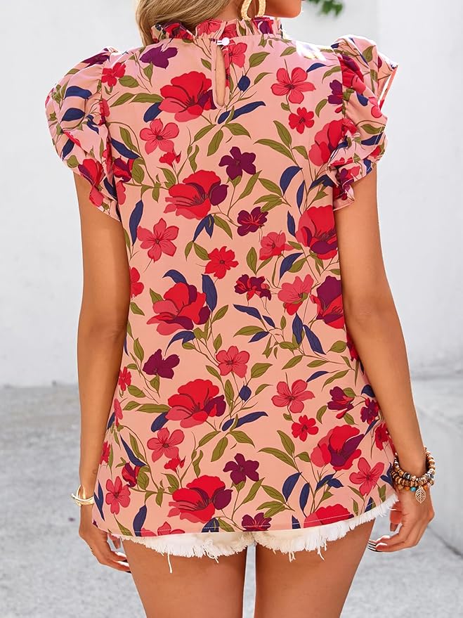 PRETTYGARDEN Women's Ruffle Short Sleeve Summer Tops 2026 Trendy Floral Trim Neck Casual Dressy Chiffon Boho Blouses Shirts