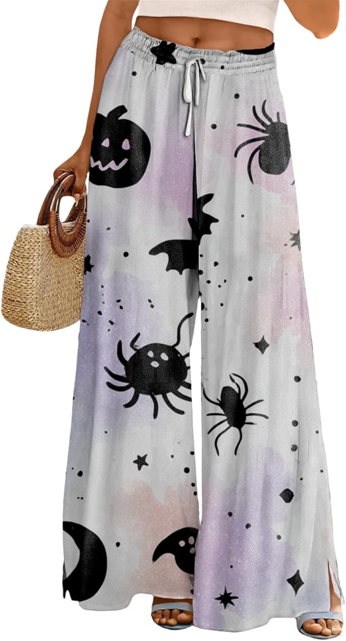 domirica Halloween Pants Women Drawstring Elastic Waist Wide Leg Pants Ladies Pumpkin Ghost Pajama Vintage Street Wear