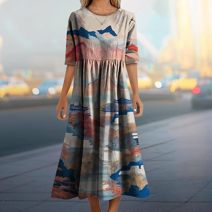 MARSVOVO Trendy Dresses for Women 2025 Classic Fairy Flowy Sundress Relaxed Fit Dress with Side Pockets