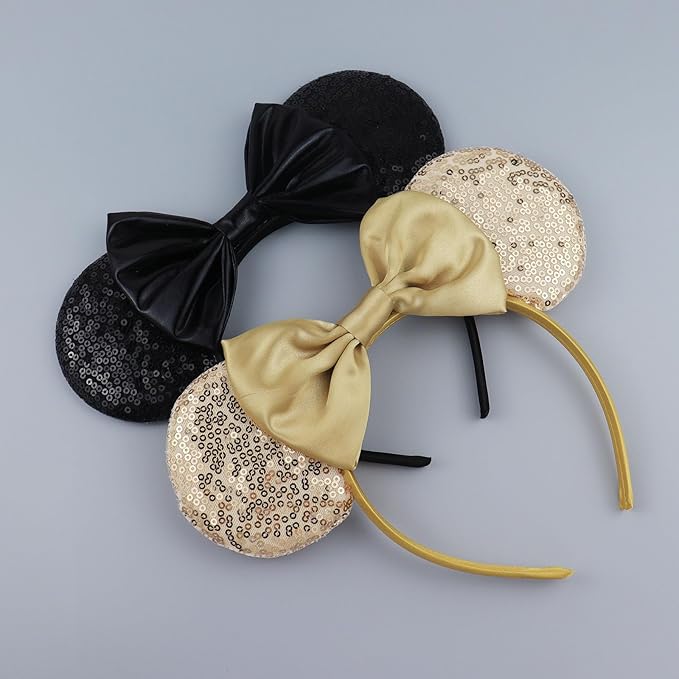 LIHELEI Mouse Ears Headband for Women, Black Minnie Headbands for Halloween Costume, Sequin Bows Headwear Hair Accessories -2pcs Rose Gold+Black