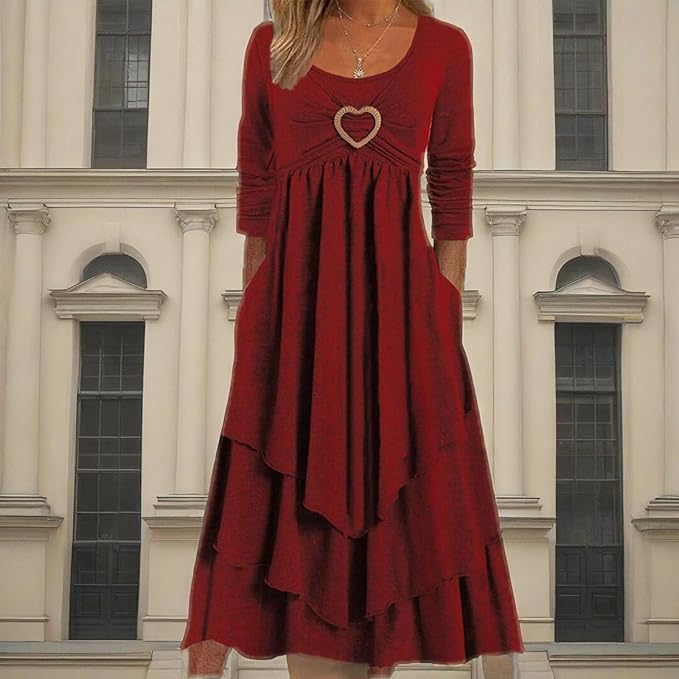 Winter Dresses for Women Wedding Guests Casual Cute Heart Long Sleeve Tiered Maxi Dress with Pockets Plus Size