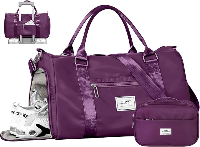 FIORETTO Womens Gym Tote Duffle Bag with Toiletry Bag, Sports Duffel Overnight Hospital Workout Carry on Bag for Girls with Wet Pocket & Shoe Compartment, Ideal for Travel, Swimming, Dance Purple