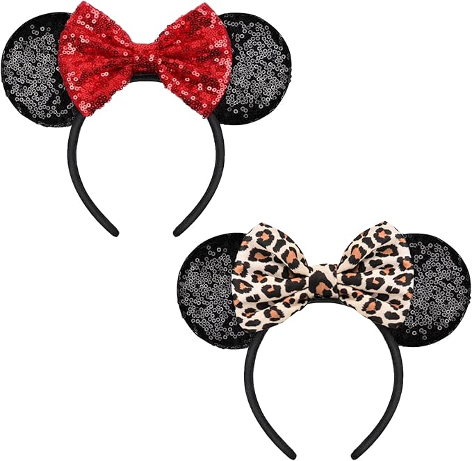 YUNISS 2 PCS Mouse Ears, Shiny Sequin Bow Mouse Ears Headbands for Adult Women Girls Christmas Birthday Party