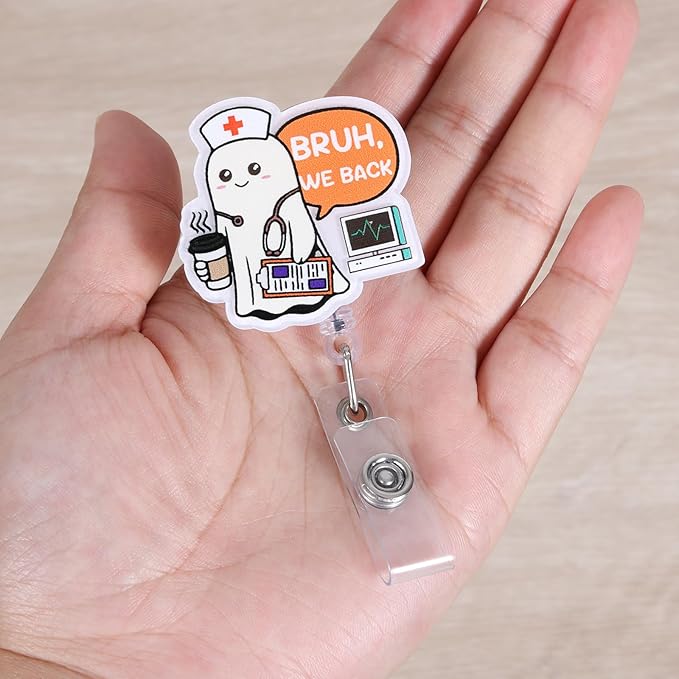 Funny Ghost Nurse Badge Reel | “Bruh We Back” Hospital ID Holder | Cute Spooky Doctor Badge Clip | Christmas Nurse Gifts for Coworkers | Retractable Badge Holder