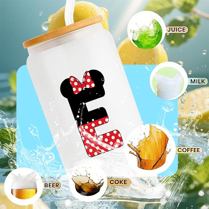 Cute Cartoon Mouse Lover Gifts Initial A-Z Personalized Iced Coffee Cup Magic Mouse Stuff Wizard Gift 16oz Glass Cup with Lid and Straws Birthday Christmas Gifts for Women Teen Girls (Letter E)