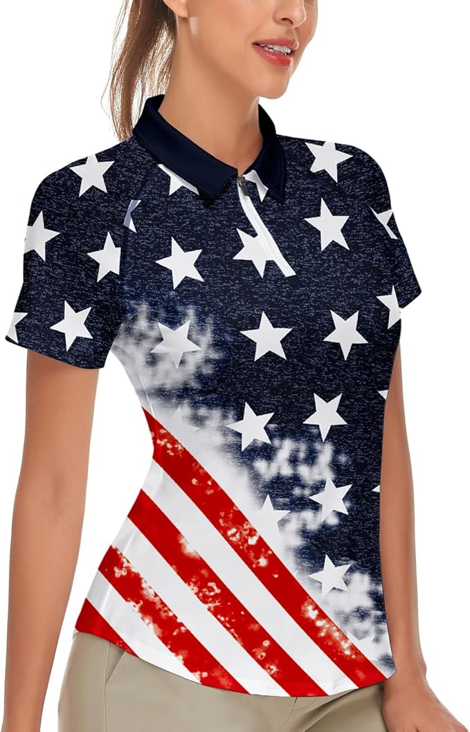 Women's Golf Shirt Short Sleeve Tennis Shirt Quarter Zip Golf Pullover Golf Polo Shirts Argyle Tops