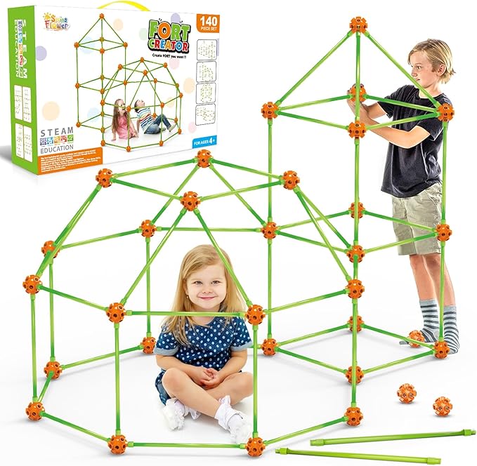 Fort Building Kit for Kids,STEM Construction Toys, Educational Gift for 3 4 5 6 7 8 9 10 11 12 Years Old Boys and Girls,Ultimate Creative Set for Indoor & Outdoors Activity,140 Pcs,Orange