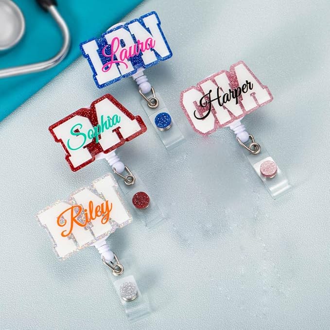 Custom Retractable Cute Name PA LAB LPN TECH MD RMA BSN EMT CNA LVN RN ID Badge Reels Holder for Nurse Coworkers Employee Hospital Doctor