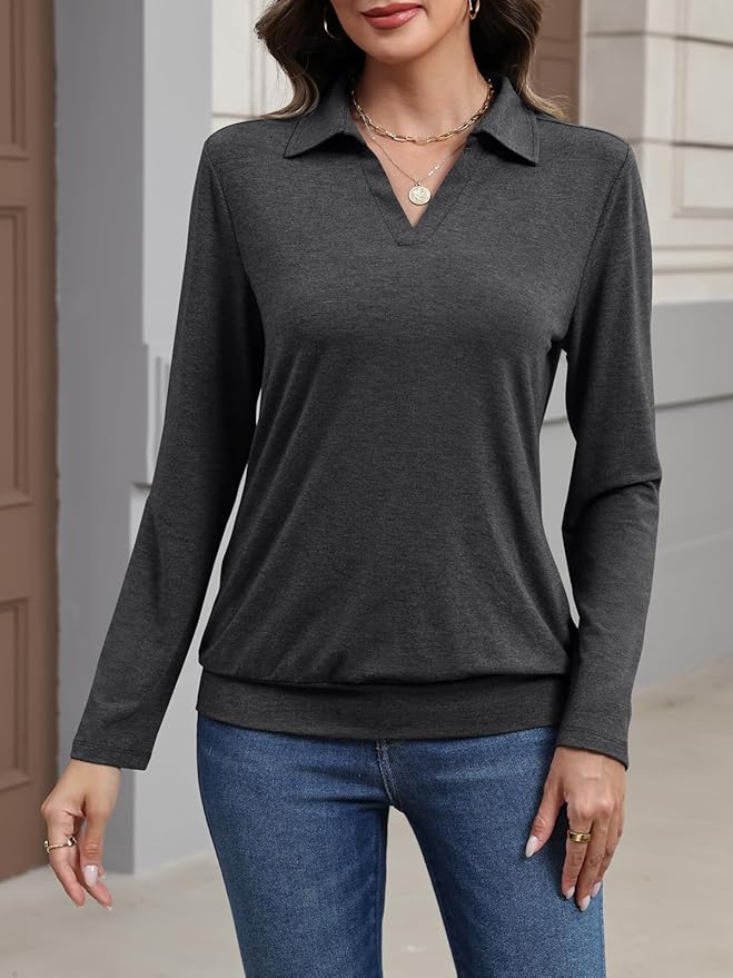 Womens Polo Shirts Long Sleeve Banded Bottom Tops Business Casual Tops Collared V Neck Blouses