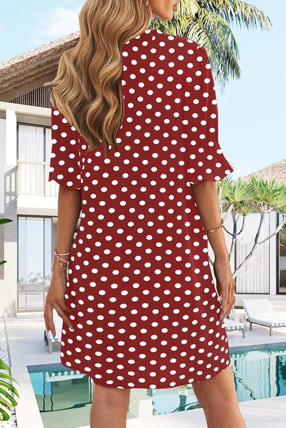 Wkior Shift Dress for Women V Neck Short Sleeves Solid Color Casual Flowy Summer Dresses(S-2XL)