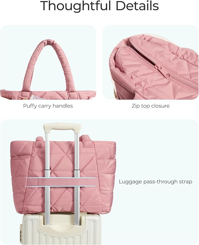 BAGSMART Tote Bag for Women, Puffy Tote Bag with Zipper, Large Quilted Shoulder Bag with Compartments for Travel, Work, Gym