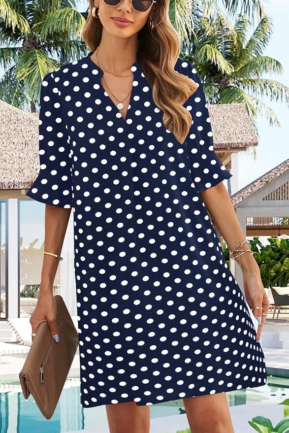 Wkior Shift Dress for Women V Neck Short Sleeves Solid Color Casual Flowy Summer Dresses(S-2XL)