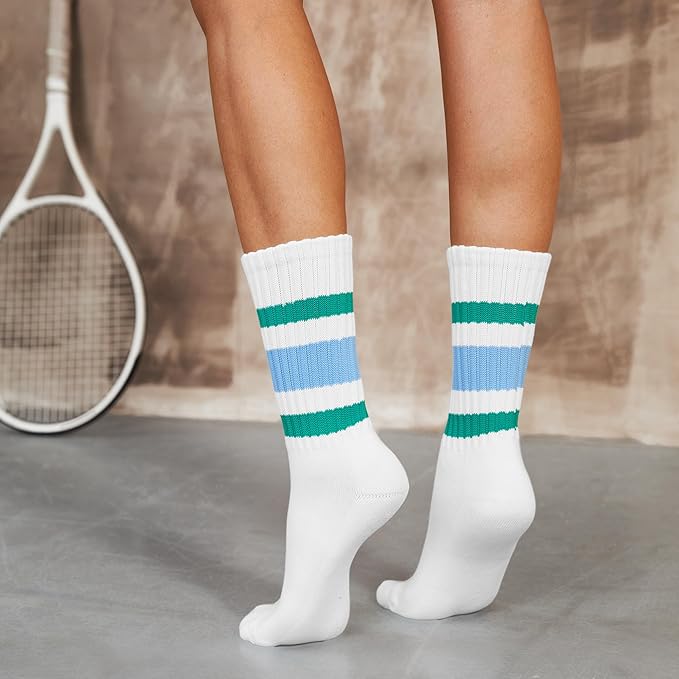 Acomono Retro Striped Slouchy Crew Socks for Men & Women 3 Pairs Cotton Athletic Tube Cushioned Calf Tennis Socks Size 5–11