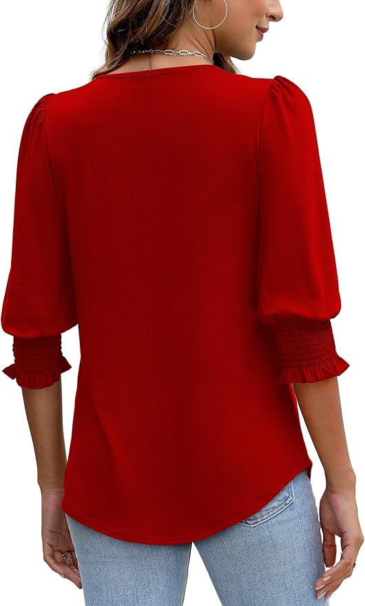 XIEERDUO Blouses for Women Dressy Casual 3/4 Length Sleeve Womens Tops with Smocked Cuffs