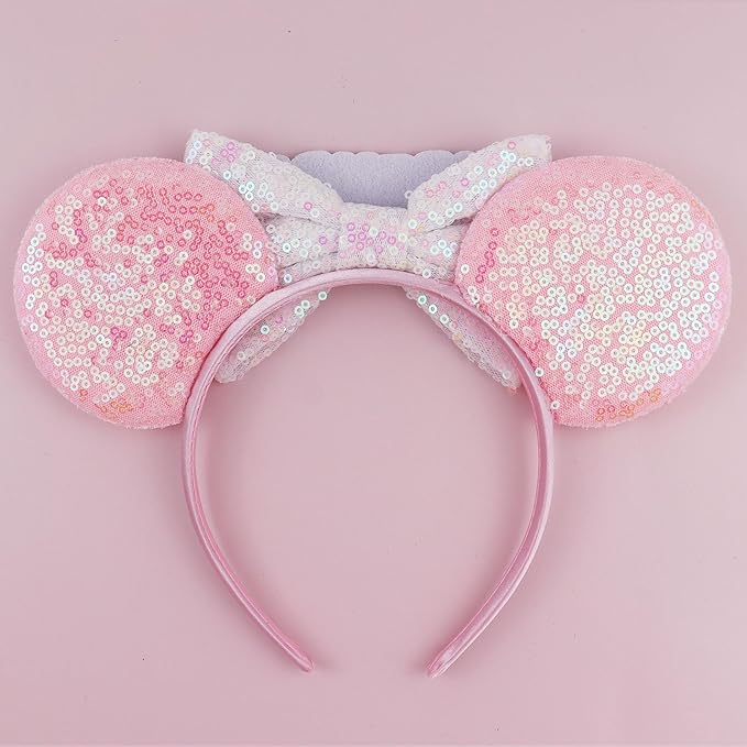 LIHELEI Mouse Ears Headband, Princess Pink Headbands for Women Birthday Party, Sequin Bows Headwear Hair Accessories- BirthdayHeadband