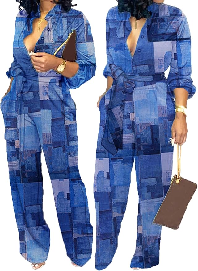 SeNight Women's Jumpsuits Elegant Business Casual Button Down V Neck Long Sleeve Strap Straight Long Pants With Pockets