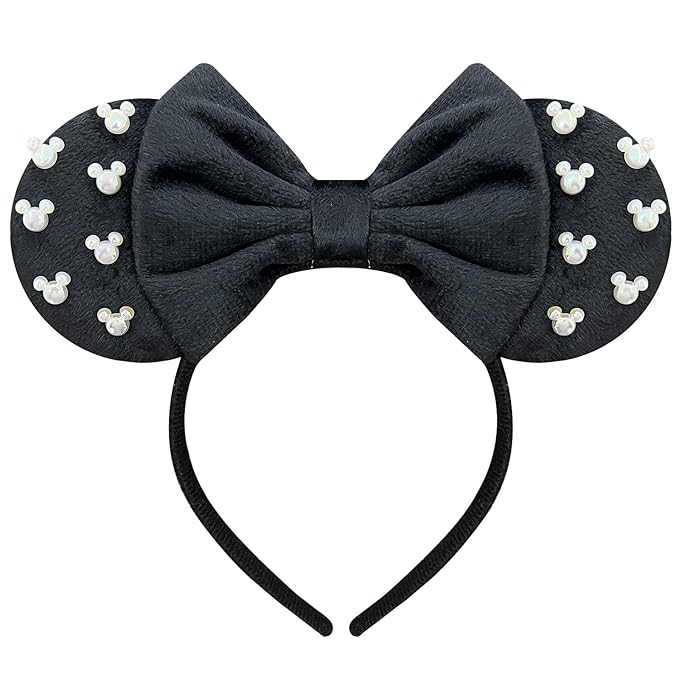 Trnerm Black Fuzzy Mouse Ears Headband for Women, Cute Beads Headband with Bows，Halloween Costume Accessory