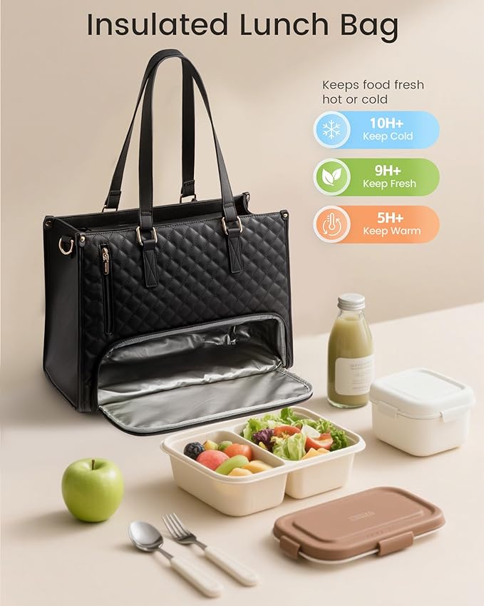 LOVEVOOK Lunch Tote Bag for Women, 15.6 Inch Laptop Bag with Insulated Lunch Compartment, Quilted Large Capacity Computer Handbag with Purse for Business, Work, Nurse, Collage, Office, Casual, Wine