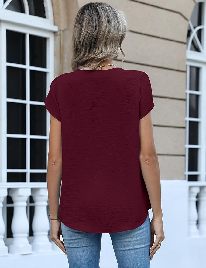 Zeagoo Womens Tops Dressy Casual Textured Blouses Cap Short Sleeve Shirts V Neck Button Up Summer Spring Work Tshirt Clothes