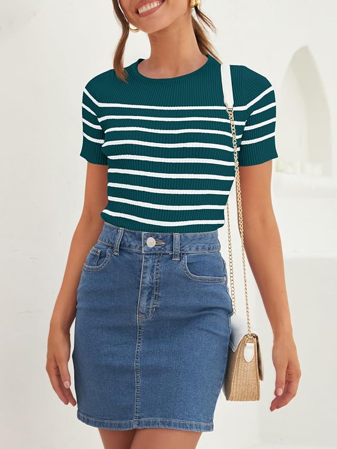ZESICA Women's Short Sleeve Crewneck Striped T Shirt 2026 Summer Ribbed Knit Slim Fit Casual Basic Tee Tops