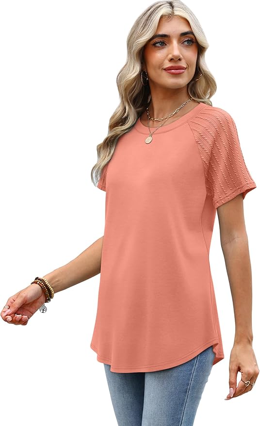 WIHOLL Summer Tops for Women 2026 Trendy Short Sleeve Shirts Crew Neck Tops Curved Hem Fashion Clothing