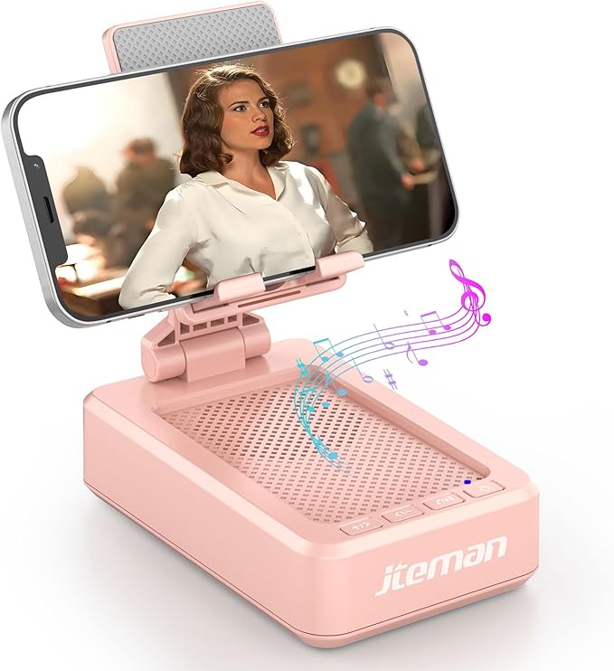 JTEMAN Cell Phone Stand with Bluetooth Speaker,Birthday Gifts for Women and Men,Kitchen Gadgets for Men,Compatible for iPhone/Samsung/Mini iPad - Pink