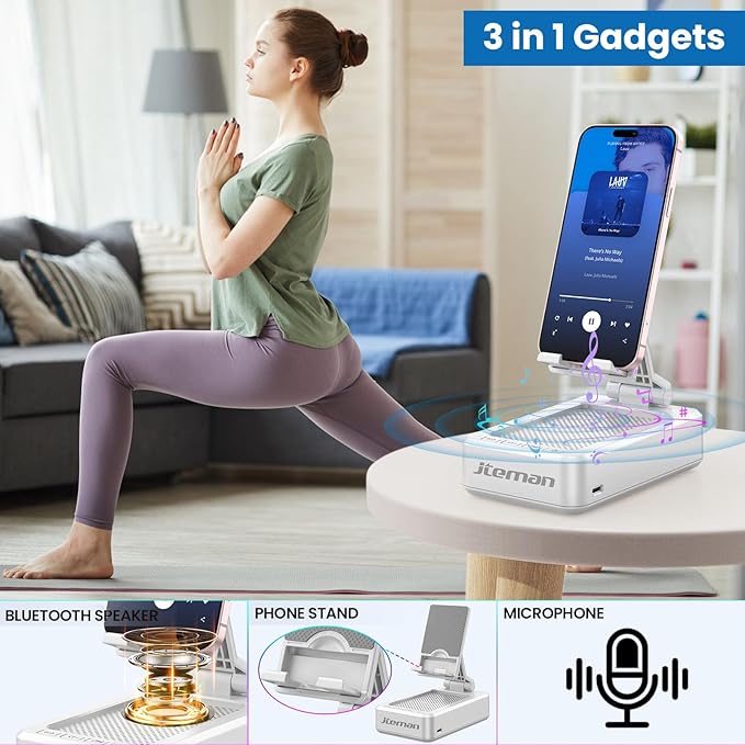 JTEMAN Portable Phone Stand with Speaker Bluetooth Wireless,Gifts for Men Women,Birthday for Women,Kitchen Gadgets for Men,Phone Holder for Desk - White