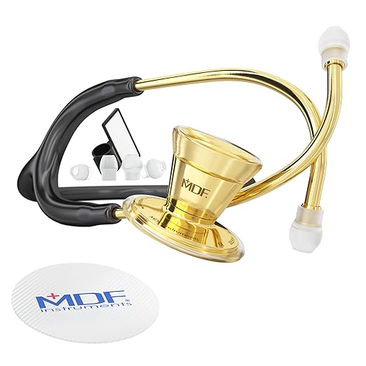 MDF Instruments, ProCardial Cardiology Stethoscope, Stainless Steel, Adult, Dual Head, Black Tube, Gold Chestpiece-Headset, MDF797K11
