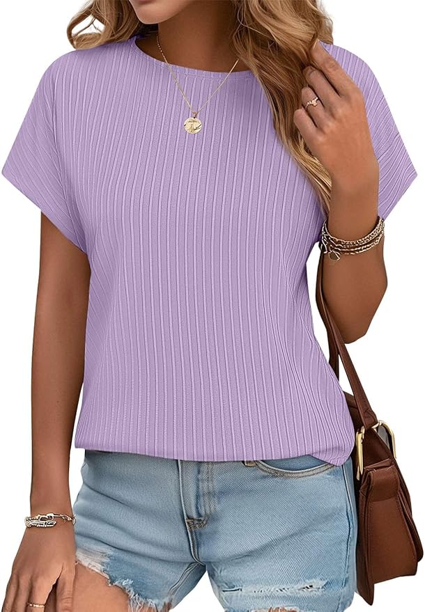 JUSTFASHIONNOW Womens Short Sleeve Blouses Business Casual Tops Crew Neck Basic Tees Textured Work Shirts Cute Office Outfits