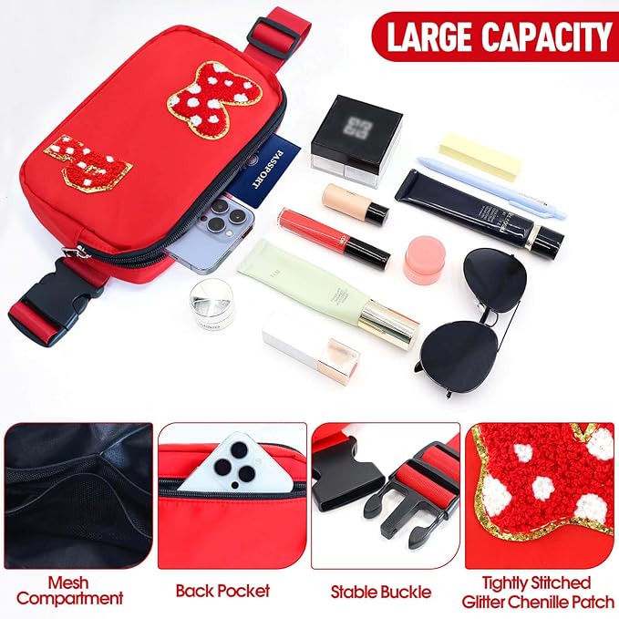 Chenille Initial Letter Bow Mouse Fanny Pack, Waterproof Park Crossbody Bag Christmas Birthday Gifts for Teen Girls Daughter Women Kids Adults, Cute Belt Bag Must Haves for Park Travel (P, Red)
