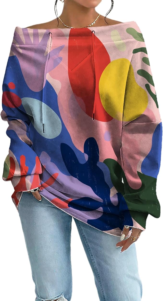 Womens Sweatshirts Floral Print Sexy Off The Shoulder T Shirts Oversized Long Sleeve Pullover Fall Tops