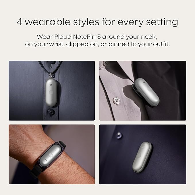 Plaud NotePin S AI Voice Recorder, Wearable AI Notetaker, AI Transcribe & Summarize, Support 112 Languages, 64GB Memory, Audio Recorder for Meetings Interviews with 4 Accessories, Silver