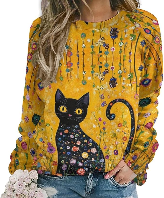 Spatofa Womens novelty funny cat printed crewneck sweatshirt casual loose long sleeve graphic pullover sweatshirts tops