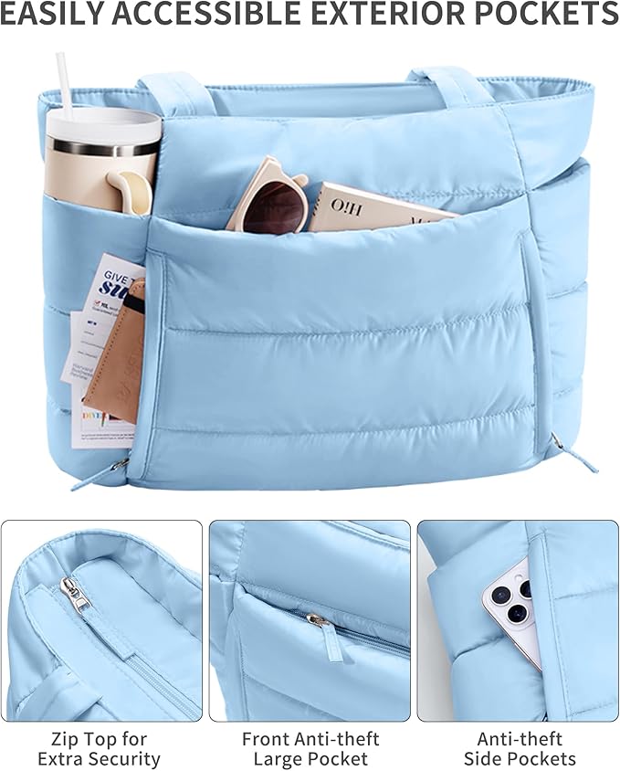 Puffer Tote Bag for Women, Lightweight Puffy Work Handbag Teacher Nurse Quilted Shoulder Bag for School Travel Gym | Quilted, with Zipper, Daily Carry On Bags, Comfy College Bags, 15.6" Laptop Sleeve, Cup Holder Pocket, Portable, Spacious