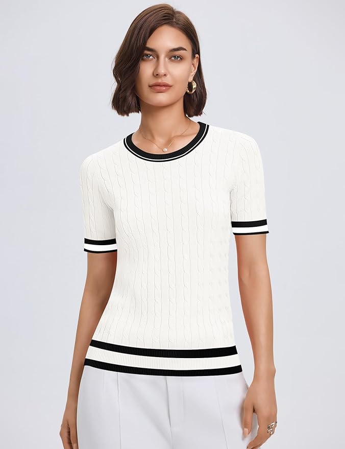 Micoson Womens Short Sleeve Cable Knit Sweater Tops Crewneck Lightweight Spring Summer Shirts Business Dressy Casual Outfits