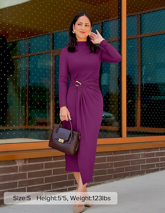 ZESICA Women's 2026 Spring Long Sleeve Bodycon Dress Mock Neck Wedding Guest Cocktail Party Long Midi Dresses