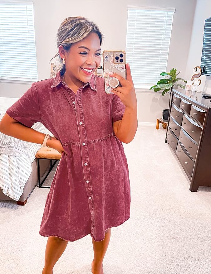 LookbookStore Women's Short Sleeve Button Down Flowy Tiered Babydoll Denim Dress